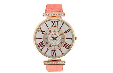 Lederband-Uhr-runde Metallkasten-Quarz-Uhr-Bewegungen Damen-Pink