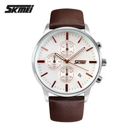 Brown-Leder-Edelstahl-Armbanduhr-großer silberner Kasten für Mann